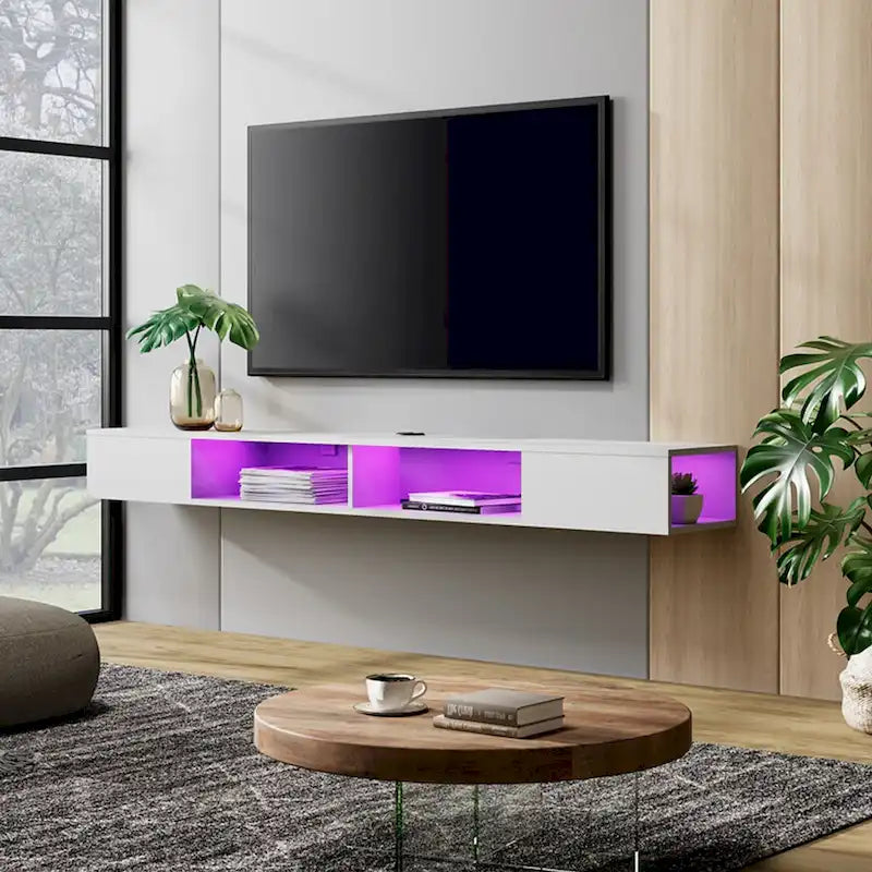 WAMPAT Meuble TV Flottant 70 Pouces Avec Lumières LED, Meuble TV Mural Sous Console Multimédia pour Salon - 70 Pouces