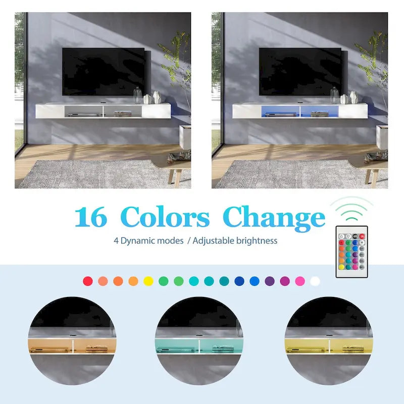 WAMPAT Meuble TV Flottant 70 Pouces Avec Lumières LED, Meuble TV Mural Sous Console Multimédia pour Salon - 70 Pouces