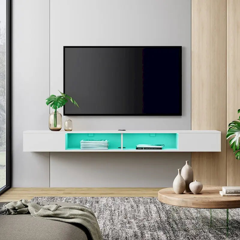 WAMPAT Meuble TV Flottant 70 Pouces Avec Lumières LED, Meuble TV Mural Sous Console Multimédia pour Salon - 70 Pouces