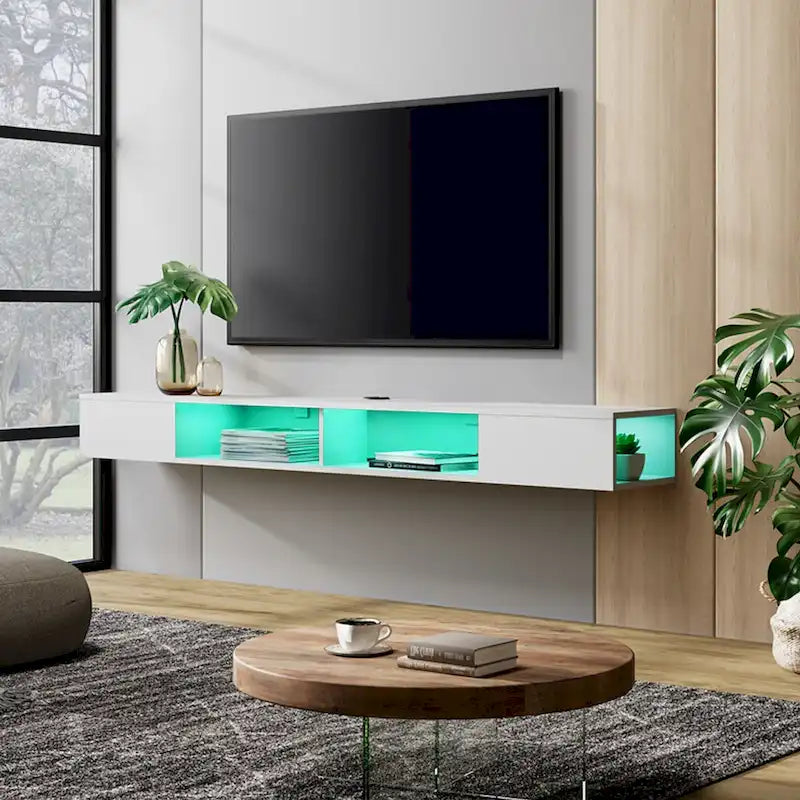 WAMPAT Meuble TV Flottant 70 Pouces Avec Lumières LED, Meuble TV Mural Sous Console Multimédia pour Salon - 70 Pouces