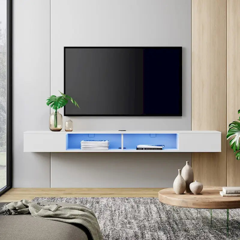 WAMPAT Meuble TV Flottant 70 Pouces Avec Lumières LED, Meuble TV Mural Sous Console Multimédia pour Salon - 70 Pouces