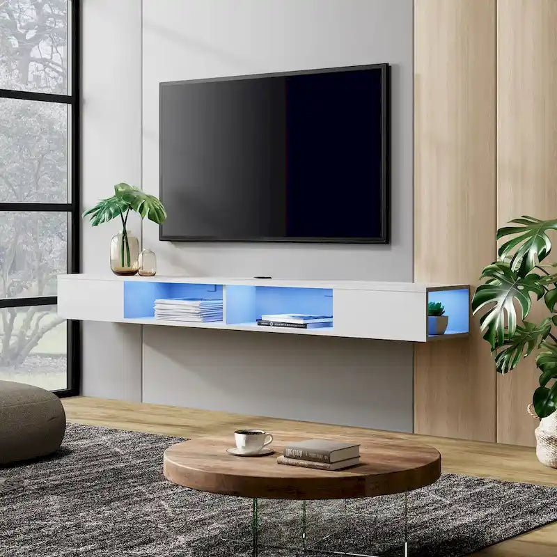 WAMPAT Meuble TV Flottant 70 Pouces Avec Lumières LED, Meuble TV Mural Sous Console Multimédia pour Salon - 70 Pouces