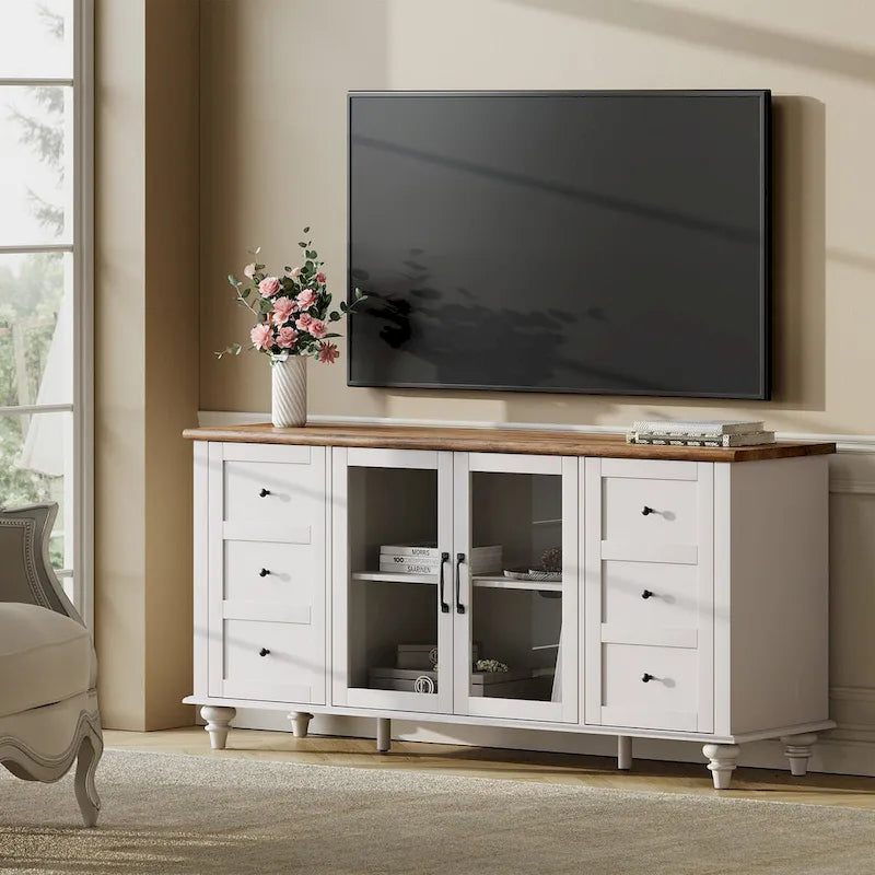 Meuble TV WAMPAT style ferme avec portes vitrées, pour téléviseurs jusqu'à 110 pouces, meuble de rangement moderne