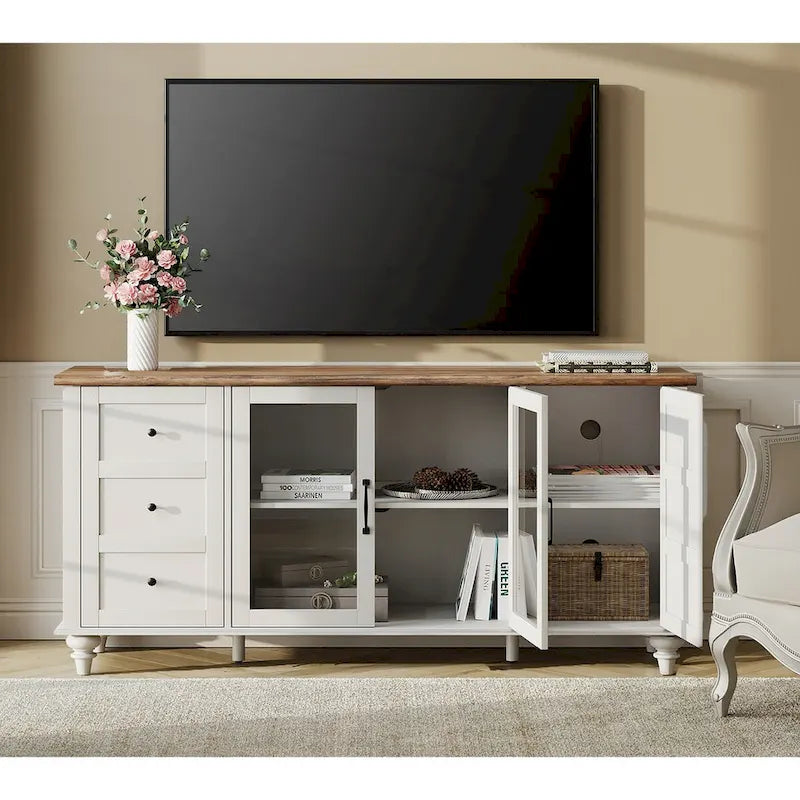 Meuble TV WAMPAT style ferme avec portes vitrées, pour téléviseurs jusqu'à 110 pouces, meuble de rangement moderne