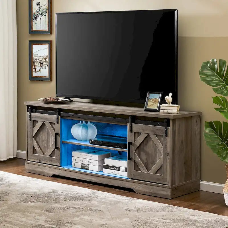 WAMPAT Farmhouse Sliding Barn Door TV Stand and Coffee Table Set of 2