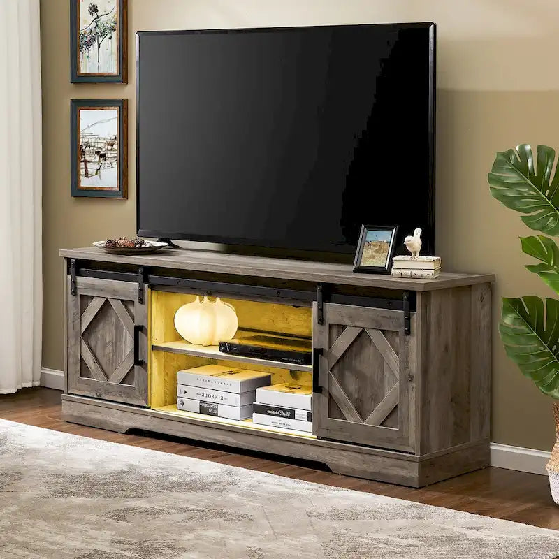 WAMPAT Farmhouse Sliding Barn Door TV Stand and Coffee Table Set of 2