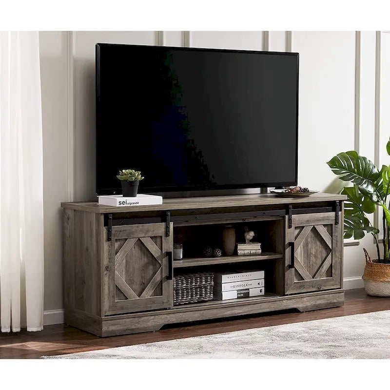 WAMPAT Farmhouse Sliding Barn Door TV Stand and Coffee Table Set of 2