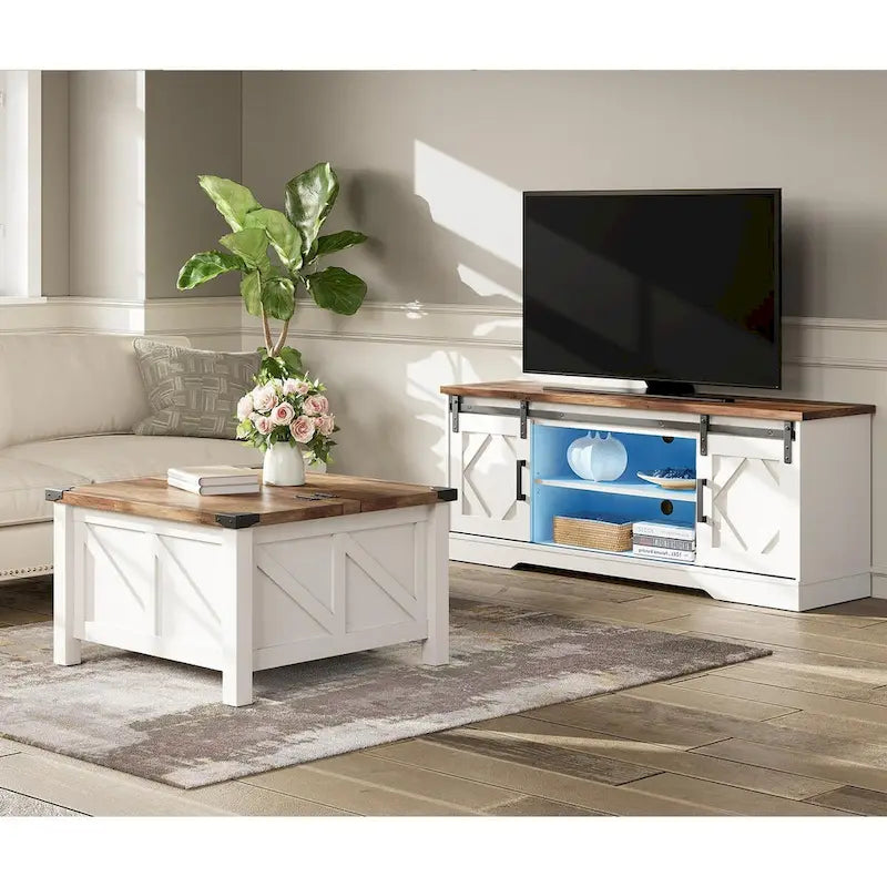 WAMPAT Farmhouse Sliding Barn Door TV Stand and Coffee Table Set of 2