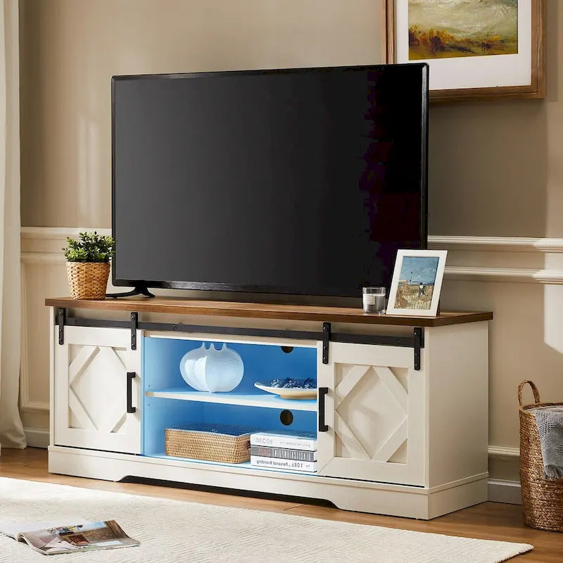 WAMPAT Farmhouse Sliding Barn Door TV Stand and Coffee Table Set of 2
