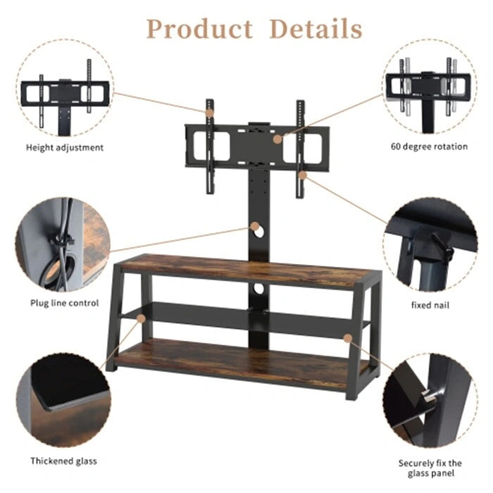 Meuble TV en bois avec verre trempé noir, support de divertissement pivotant réglable avec support TV