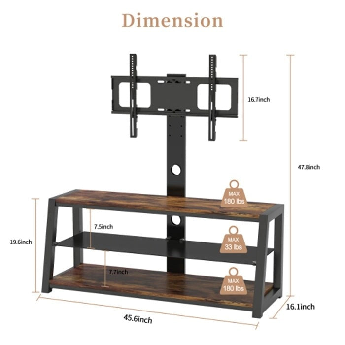 Meuble TV en bois avec verre trempé noir, support de divertissement pivotant réglable avec support TV
