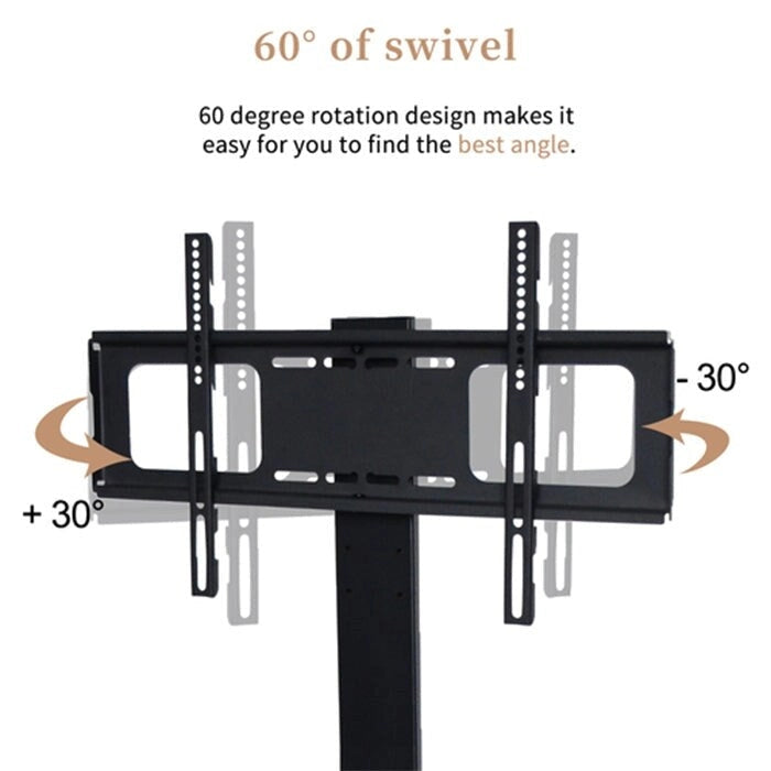 Meuble TV en bois avec verre trempé noir, support de divertissement pivotant réglable avec support TV
