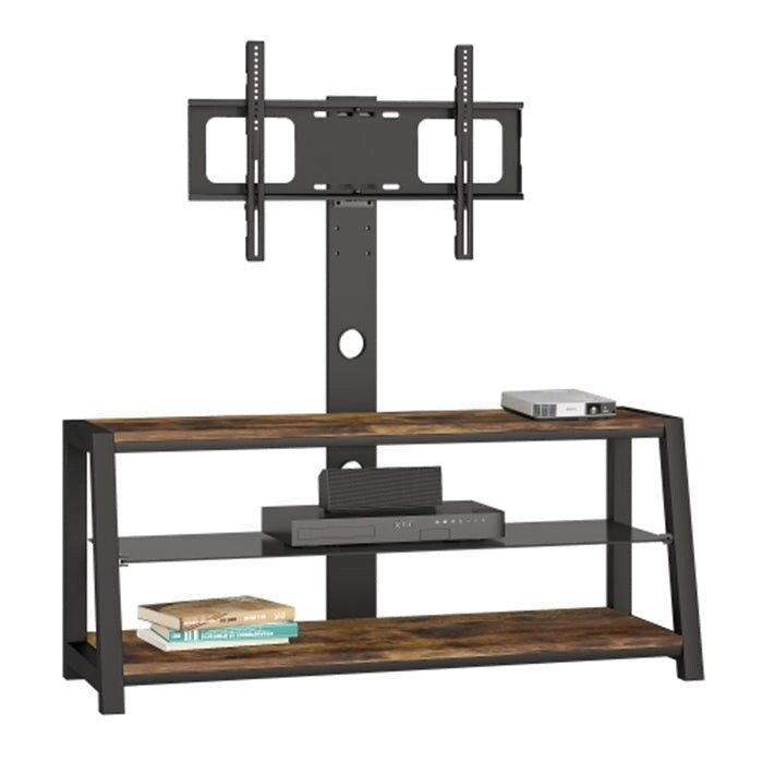 Meuble TV en bois avec verre trempé noir, support de divertissement pivotant réglable avec support TV