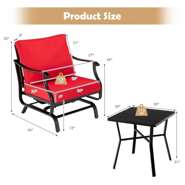 Ensemble de 3 fauteuils à bascule de patio avec table basse - Rouge - 27 x 30 x 32 (L x l x H)