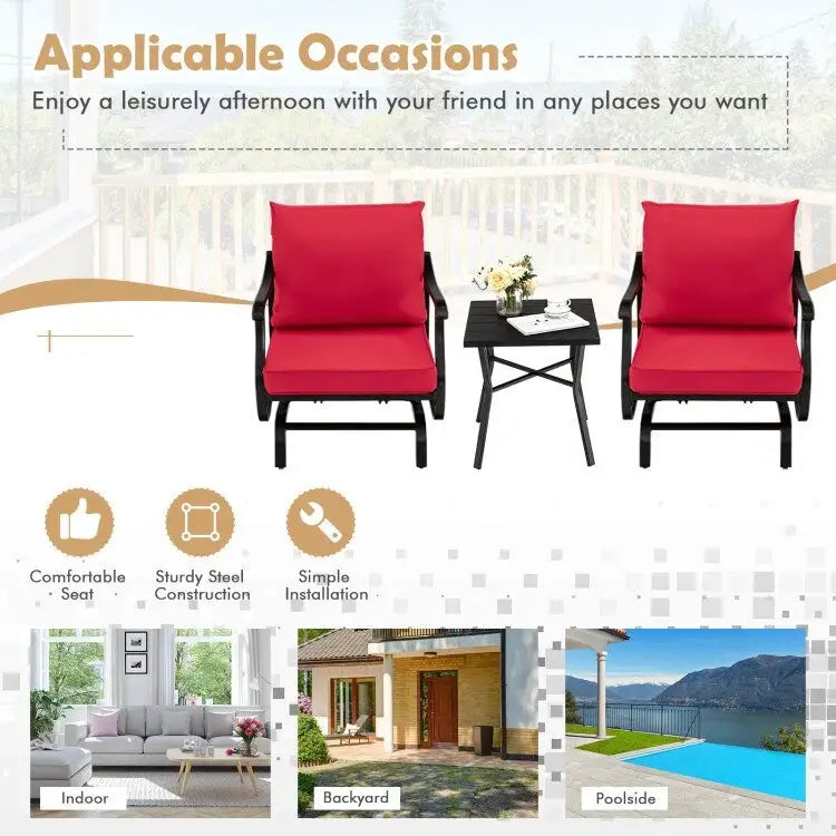 Ensemble de 3 fauteuils à bascule de patio avec table basse - Rouge - 27 x 30 x 32 (L x l x H)