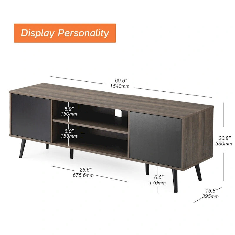 Meuble TV WAMPAT Mid Century Modern 61,6 pouces Noir et Gris