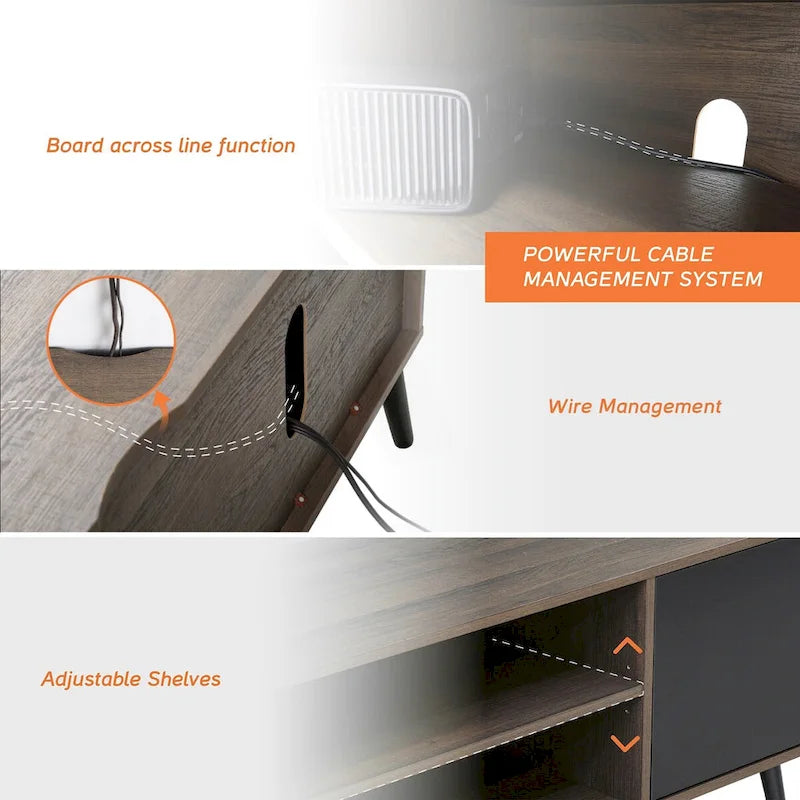 Meuble TV WAMPAT Mid Century Modern 61,6 pouces Noir et Gris