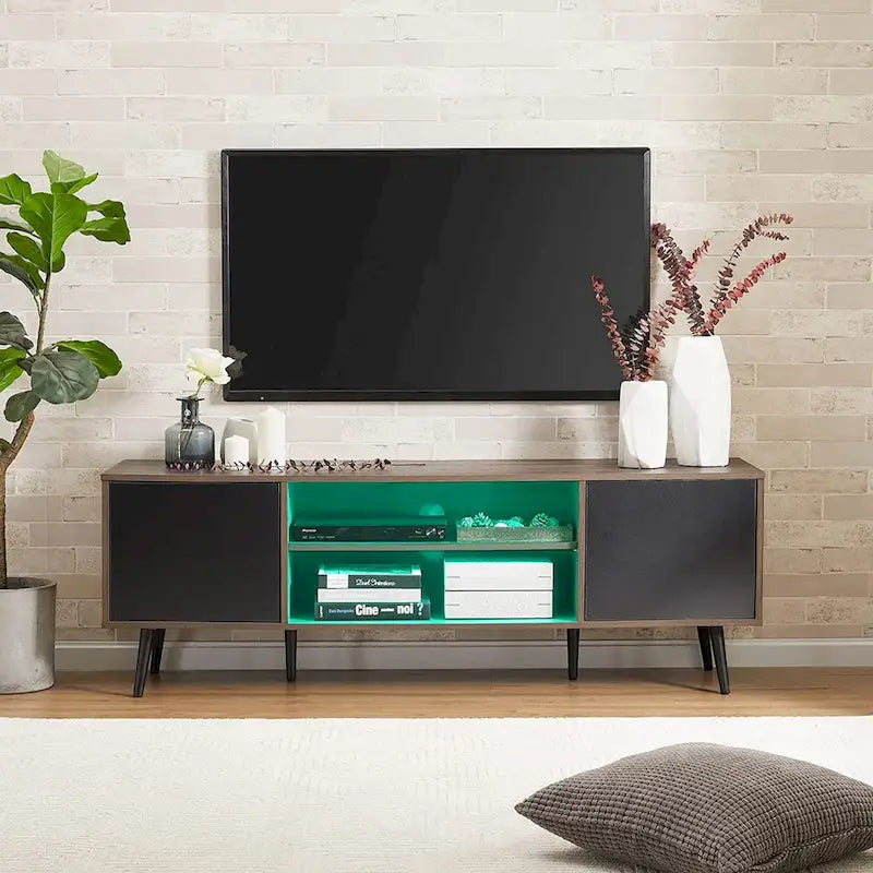 Meuble TV WAMPAT Mid Century Modern 61,6 pouces Noir et Gris