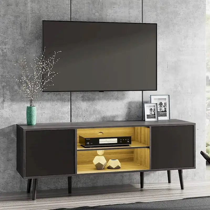 Meuble TV WAMPAT Mid Century Modern 61,6 pouces Noir et Gris