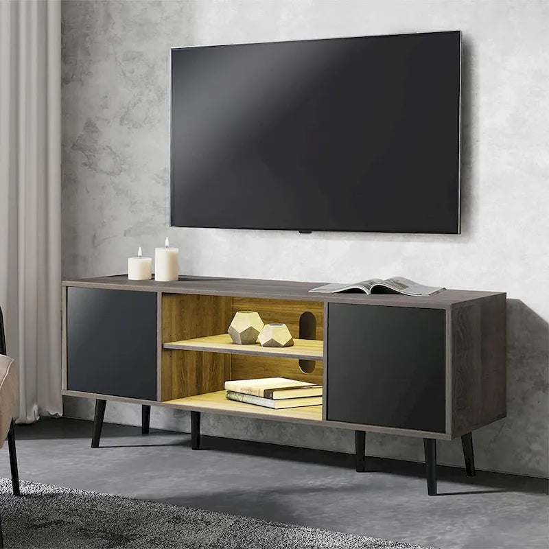 Meuble TV WAMPAT Mid Century Modern 61,6 pouces Noir et Gris