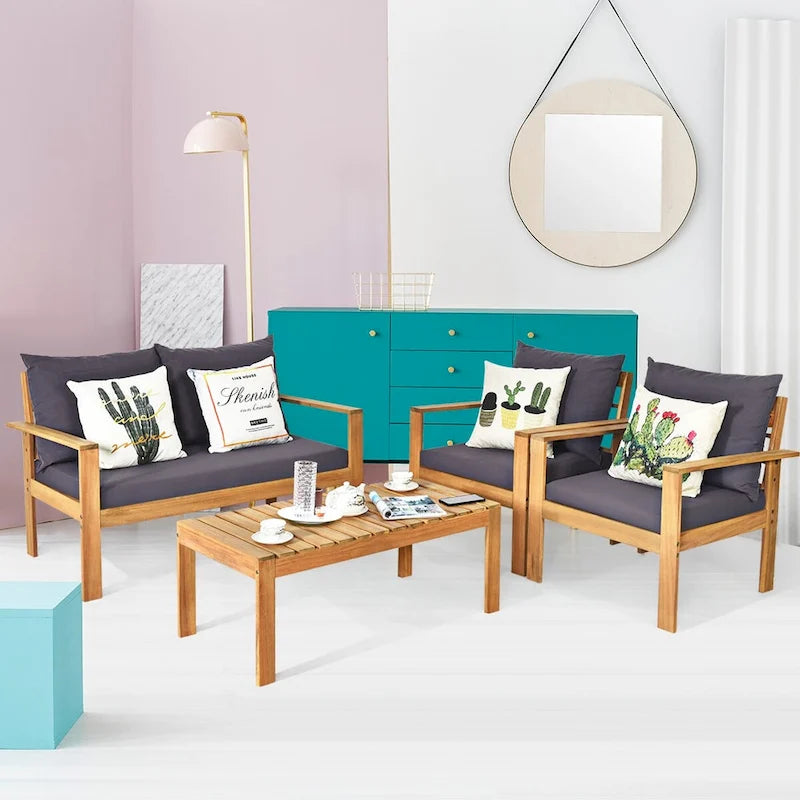Ensemble de mobilier de patio Costway 8 pièces en bois d'acacia avec coussin épais pour causeuse - Voir détails