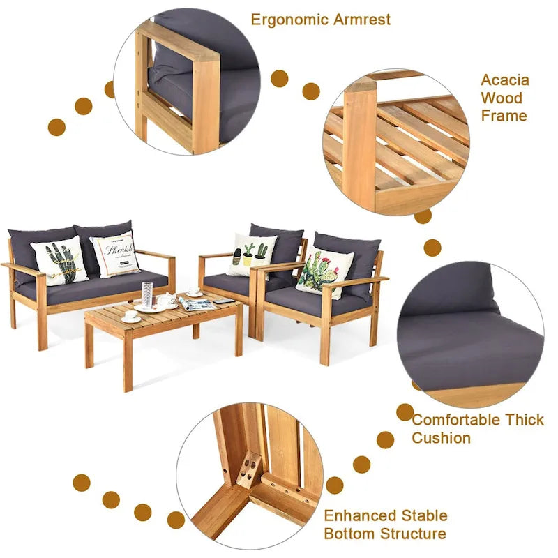 Ensemble de mobilier de patio Costway 8 pièces en bois d'acacia avec coussin épais pour causeuse - Voir détails