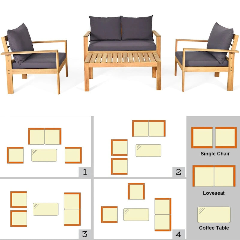 Ensemble de mobilier de patio Costway 8 pièces en bois d'acacia avec coussin épais pour causeuse - Voir détails