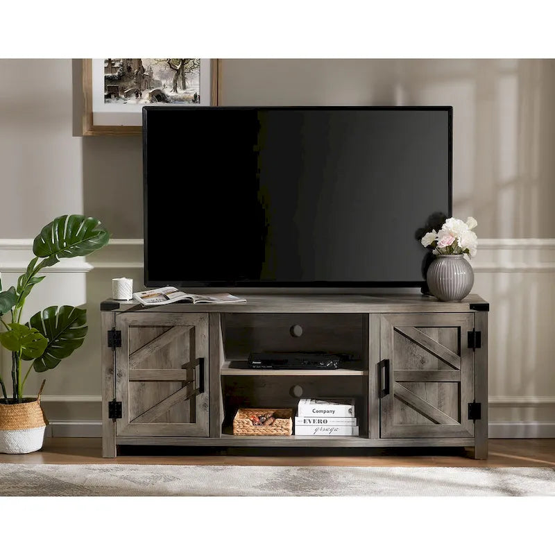 Meuble TV de style rustique avec portes coulissantes pour téléviseurs jusqu'à 70 pouces