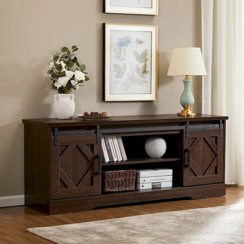 Meuble TV de style rustique avec portes coulissantes pour téléviseurs jusqu'à 70 pouces