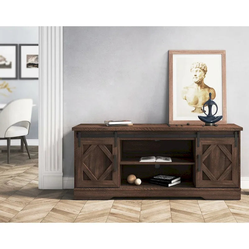 Meuble TV de style rustique avec portes coulissantes pour téléviseurs jusqu'à 70 pouces