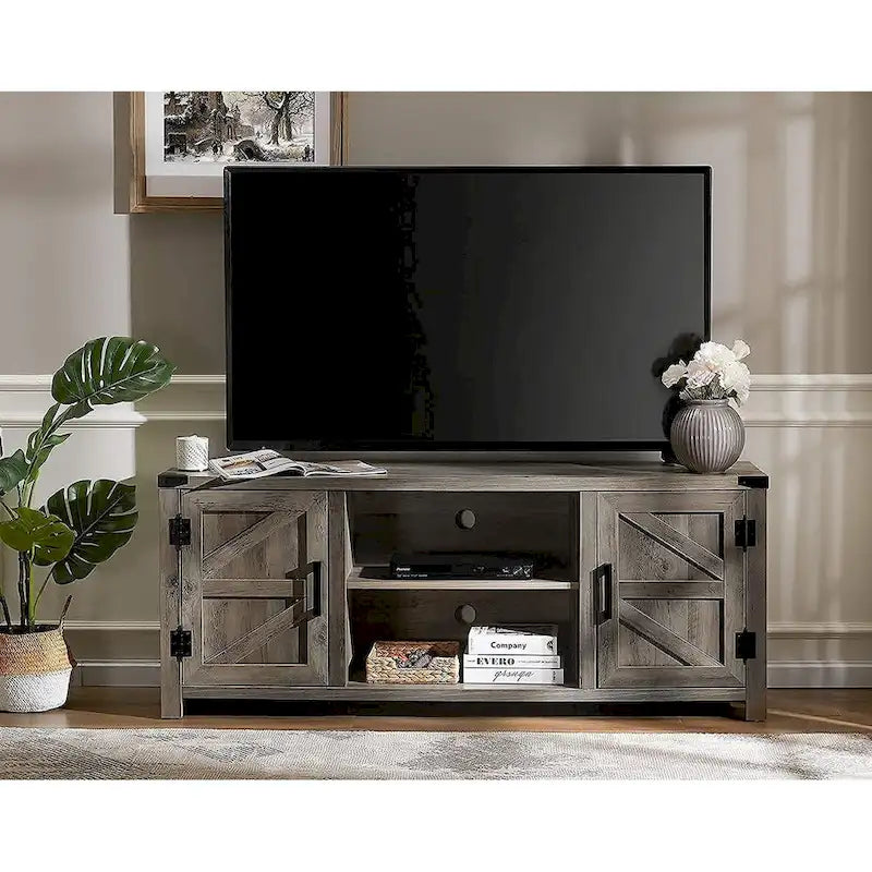 Meuble TV de style rustique avec portes coulissantes pour téléviseurs jusqu'à 70 pouces