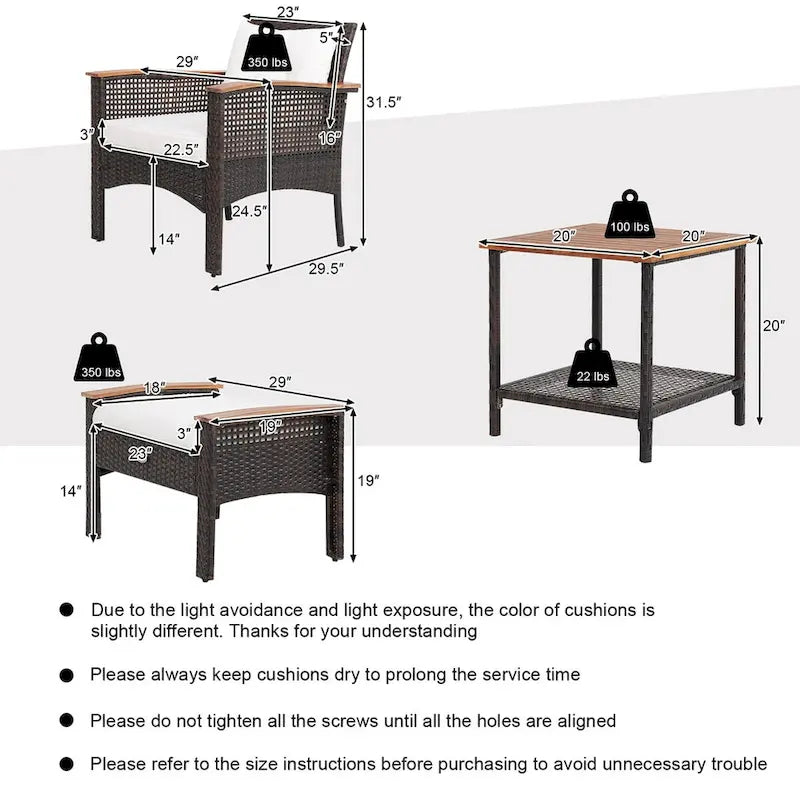 Ensemble de meubles de patio 5 pièces en rotin Costway Table en bois d'acacia avec accoudoirs - 20x 20x 20