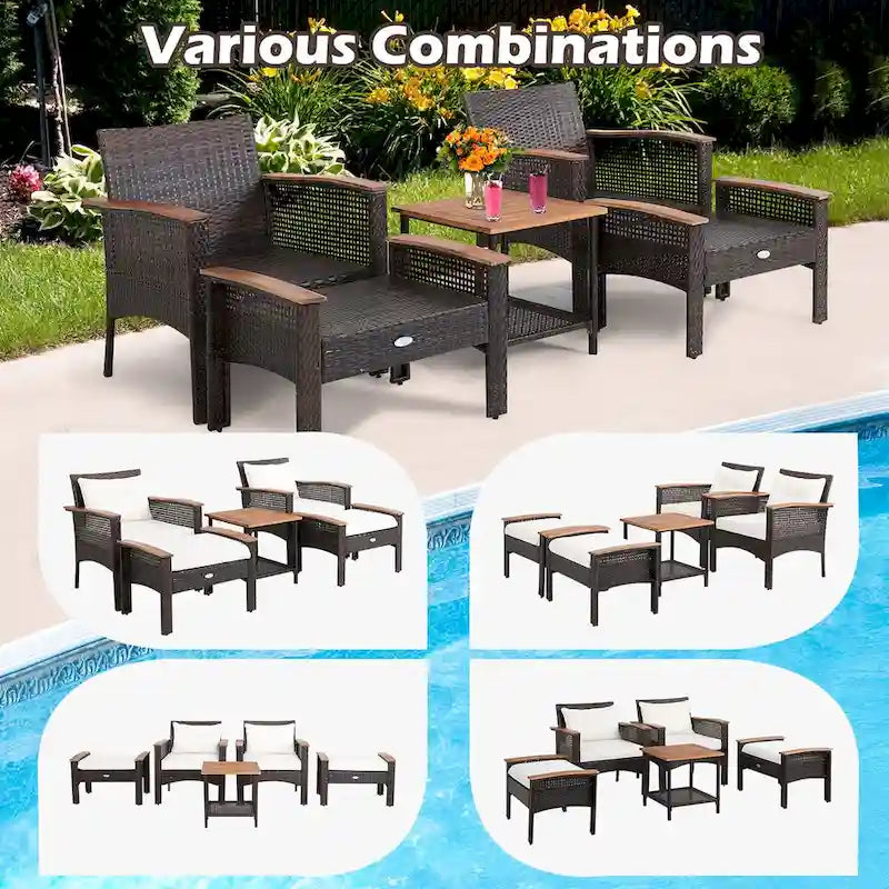 Ensemble de meubles de patio 5 pièces en rotin Costway Table en bois d'acacia avec accoudoirs - 20x 20x 20