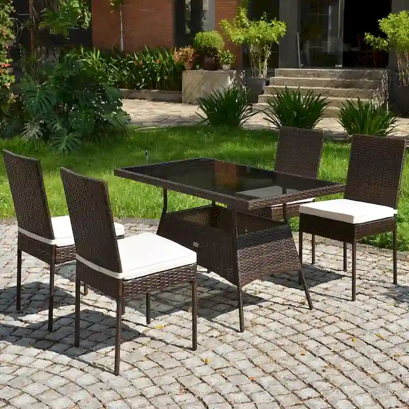 Costway Ensemble de salle à manger en rotin 5 pièces Table en verre Chaises à dossier haut - 5 pièces