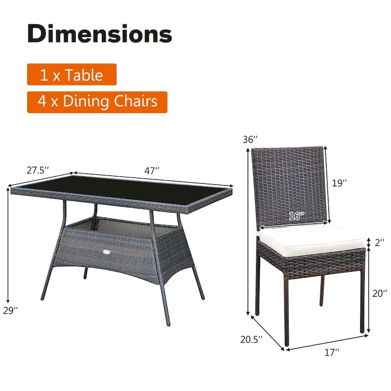 Costway Ensemble de salle à manger en rotin 5 pièces Table en verre Chaises à dossier haut - 5 pièces
