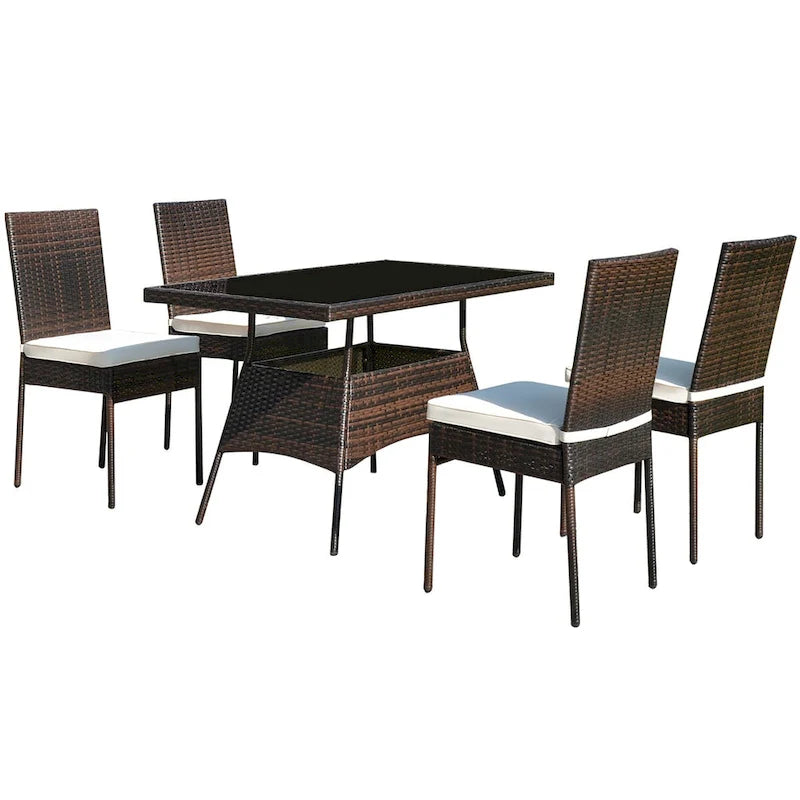 Costway Ensemble de salle à manger en rotin 5 pièces Table en verre Chaises à dossier haut - 5 pièces