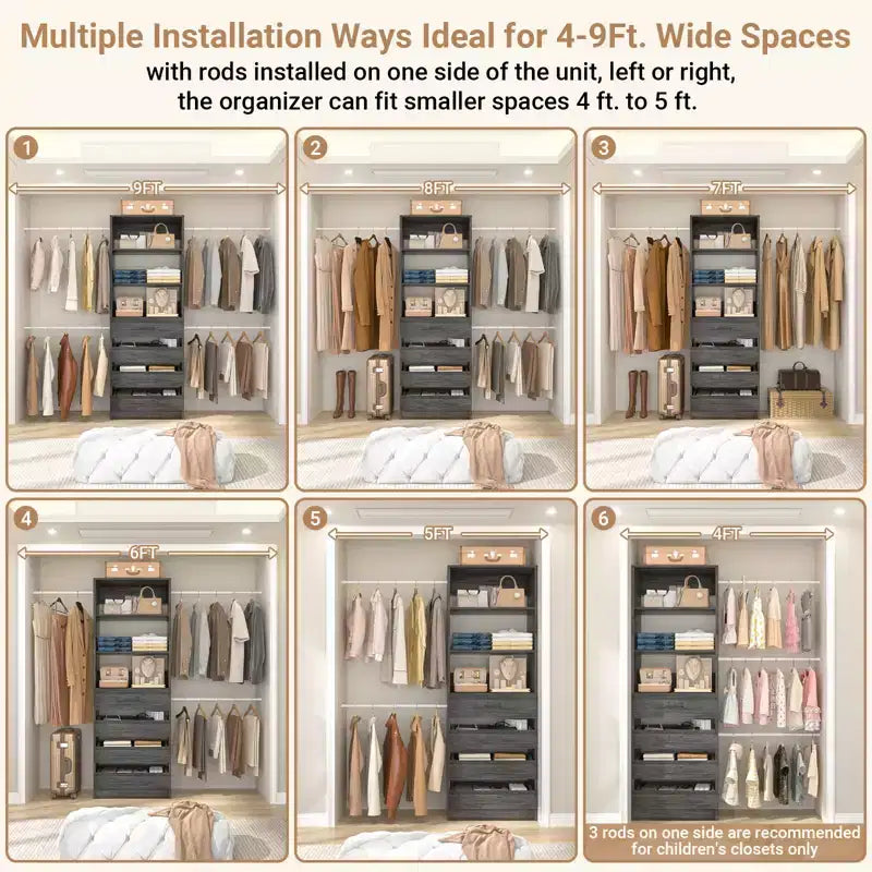 Besiost 4-9 Ft Wooden Closet Organizer System with 4 Drawers, 4 Hanging Rods & Shelving Towers