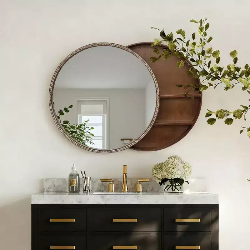 23.6 Modern Sliding Round Wall Mirror with Storage, Space-Saving Vanity Mirror for Bathroom, Accent Mirror for Living Room