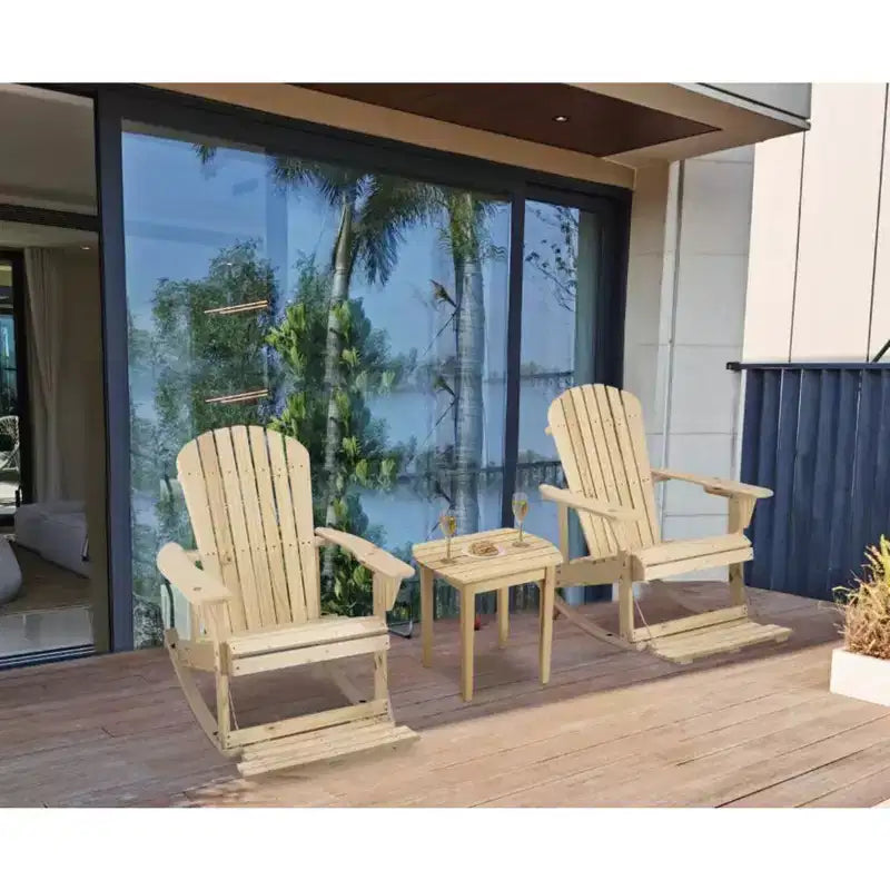 Jiallo Zero Gravity Collection Natural Adirondack Rocking Chair with Built-in Footrest Set of 2 Rocking Chairs and 1 End Table
