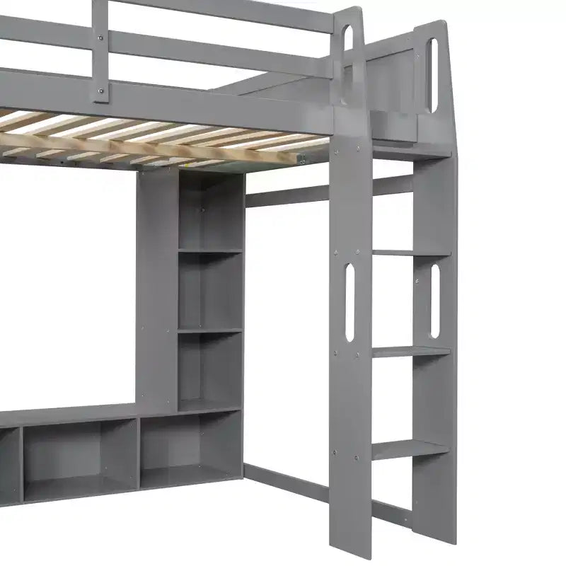 Whisen Wood Twin Size Gaming Loft Bed with Desk, Multi-storage Shelves, LED and a Hanging Clothes Rack
