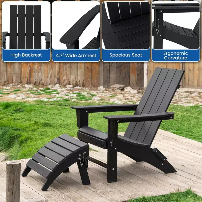 GARPROVM Upgraded Folding HDPE Adirondack Chair with Ottoman Weather-Resistant For Outdoor