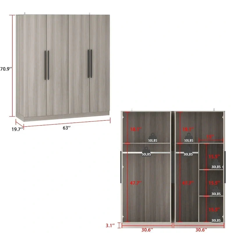 Modern Freestanding Solid Wood Wardrobe Closet With Storage Shelves