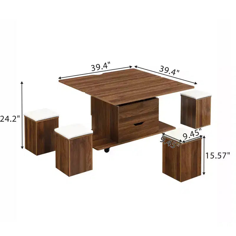 Multi-Function Modern Lift-Top Coffee Table with Hidden Storage, 4 Stools and Casters, Perfect for Modern Living Spaces