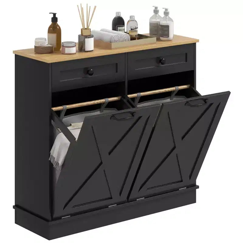 HOMCOM Tilt Out Laundry Hamper Cabinet Bathroom Storage Cabinet with 2 Removable Baskets and 2 Drawers