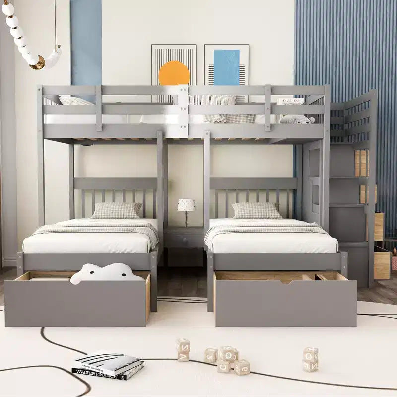 Lit superposé triple en bois Whisen, lit superposé double sur lits jumeaux avec tiroirs et garde-corps