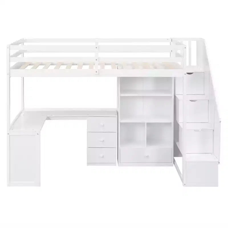 Twin Size Loft Bed with L-Shaped Desk, 3 Drawers, Cabinet, Staircase Storage, Solid Pine/MDF Build