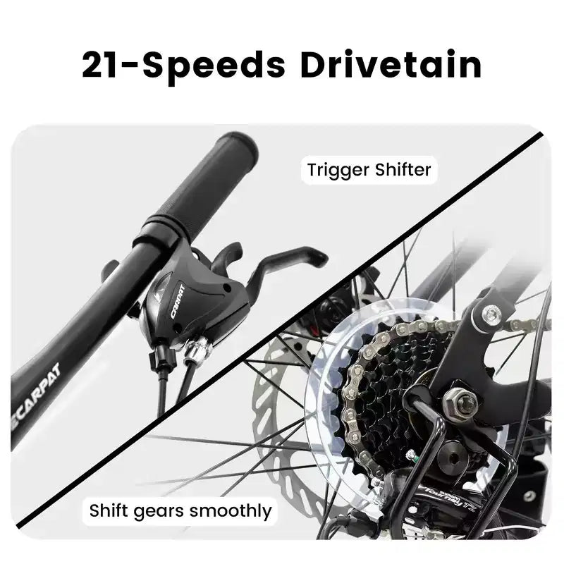 Okak 26IN Mountain Bike with Disc Brakes, 21-Speed Adult Bike with Durable Frame and Rear Dual Absorption, Bicycle for City Road Cycling