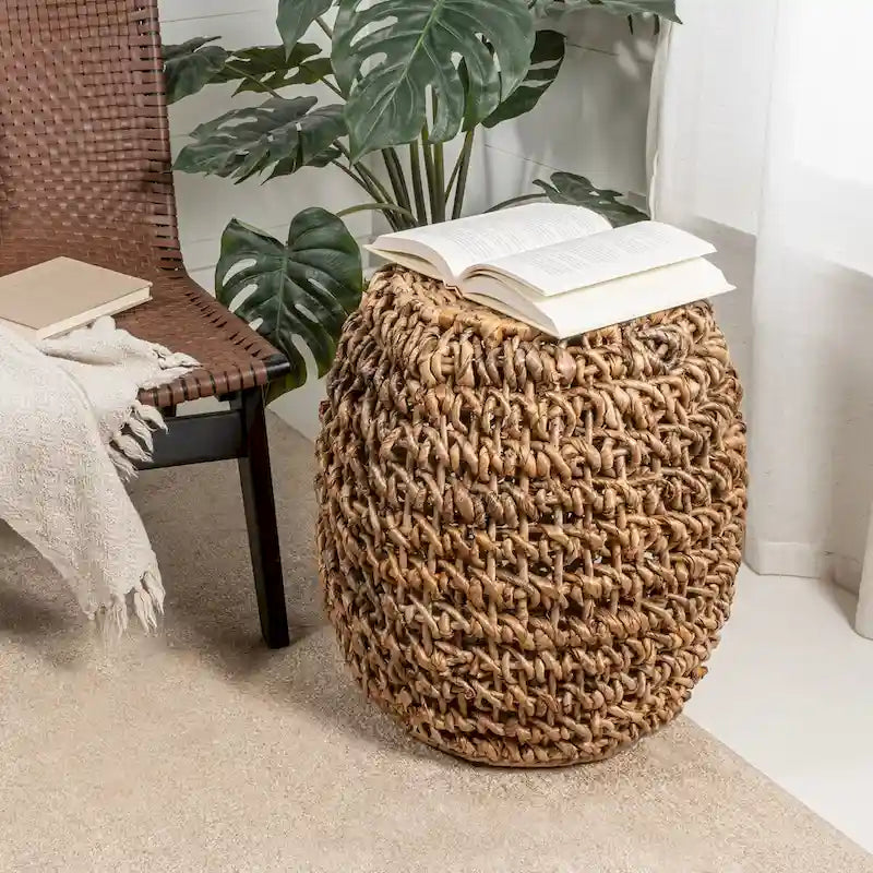 Orla 21 Rustic Bohemian Barrel-Style Abaca/Iron Handwoven Stool, Brown by JONATHAN Y