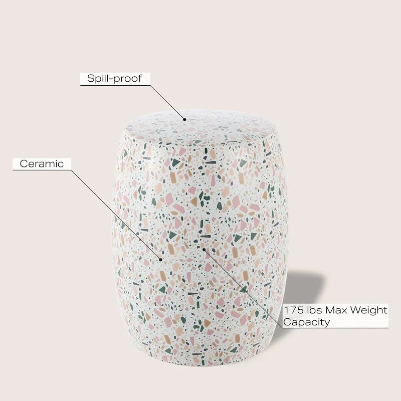 Tabouret de jardin en céramique Terrazzo Lula 17.5, blanc/rose, par JONATHAN Y