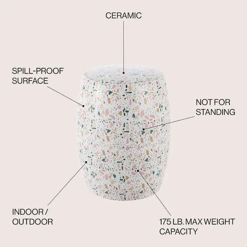 Tabouret de jardin en céramique Terrazzo Lula 17.5, blanc/rose, par JONATHAN Y